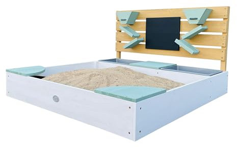 AXI Cato Sandkasten aus Holz mit Behältern für z.B Wasser, Stauraum, Kreidetafel & Spielwand | Sandkasten in Weiß & Blau inklusive Trichter | Mit Plane & Bodentuch | 105x100x58,5 cm