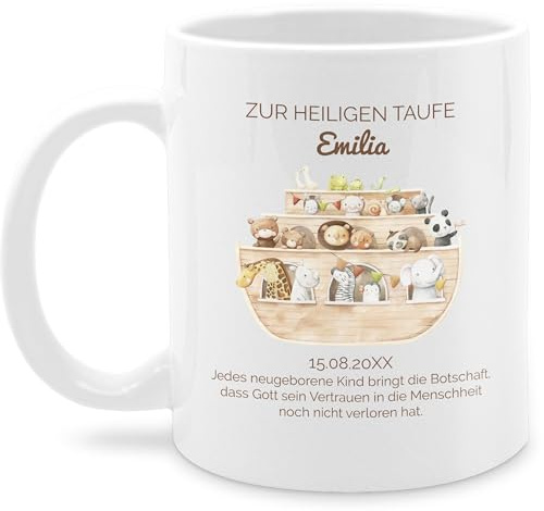 Tasse Tassen 325ml - Arche Noah Motiv | Taufe mit Namen und Datum | Erinnerung Taufgeschenk - 325 ml - Weiß - namenstasse zur keramik personalisierte konfirmationsgeschenke konfirmation name jungen