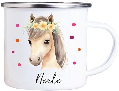 4youDesign Emaille Tasse Kinder personalisiert – Punkte Pferd – Tier Namenstasse – Geschenk für Jungen & Mädchen – Bruchsicher & Leicht – Geschenkidee zur Einschulung & Geburtstag - 300ml