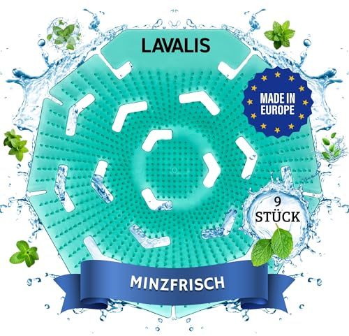 Lavalis Lot de 9 passoires à urinoir - Parfum menthe - Protection anti-éclaboussures pour homme - Tapis d'insertion pour chaque pissoir - Effet de fraîcheur 30 jours - Rond - Vert