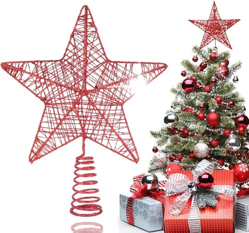 Estrella del Tope del Árbol Ahuecado Topper del Árbol Estrella Decorativa Navideña Ahuecada Encaje Arbol Estrella Roja para Decoración De Árboles Navidad, Decoración del Hogar, Fiestas, Dormitorios.
