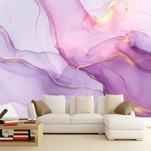 Papier Peint Panoramique Lignes Simples En Marbre impression Papier Peint Intissé Violet Or Design unique et moderne Revêtement mural décoration 350 x 256 cm pour Chambre Salon