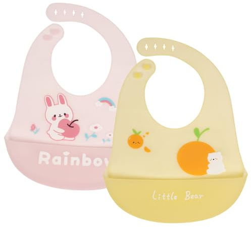 Vicloon Bavaglino in Silicone, 2 Bavaglini con Vaschetta di Raccolta, 6 Pulsanti Regolabili, Senza BPA, Bavaglini per Bambini, Facile da Pulire, Impermeabile per Neonati e Ragazze, Orso e Coniglio