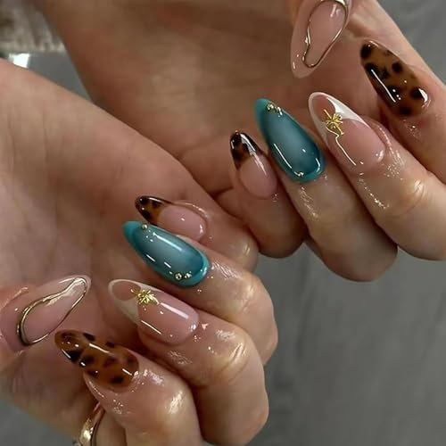 Calkkrer Lot de 24 faux ongles à coller en forme d'amande - Design 3D - Marron, bleu et nude - Pointes d'ongles brillantes