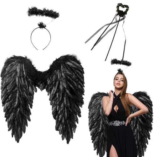 60cm Engelsflügel Schwarz, Engel Flügel mit Heiligenschein, Gefallener Engel mit Zauberstab, Engel und Teufel Flügel Kostüm Damen, Kostüm Engel für Party Fasching Deko