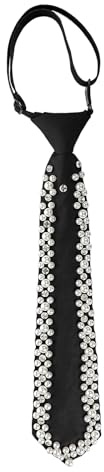 Adjustable Length Pretied Silk Neck Tie with Pearls Rhinestones Embellishment Black Necktie for Men Women Formal Wear(Silver)