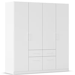 Rauch Möbel Glasgow Drehtürenschrank, Kleiderschrank, Schrank, Garderobe 4-türig, 4 Schubladen, Farbe Weiß, Griffprofil Weiß, 181x197x54cm