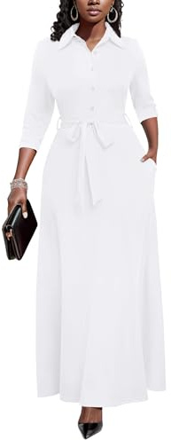 Runwind Women Church Maxi Dresses 3/4 Sleeve Button Down Print Casual Office Dress African, White, L