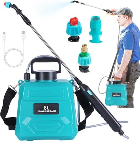 5/8L Pressure Pump Garden Sprayer, Portable Pompa Irroratrice a Batteria Spruzzatore a Pressione with 3 Types of Nozzles & 5 Water Effects, USB Rechargeable, Outdoor Weed Water Sprayer Green 8L