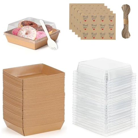Eidoct 50Pcs Small Kraft Charcuterie Boxes with Clear Lids, 12CM Oil-Proof Paper Charcuterie Boxes Paper Mini Appetizer Plates for Sandwich, Cookie, Sushi, Cake Slice, and Strawberries