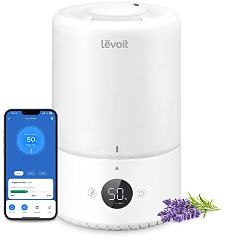 LEVOIT Smart Cool Mist Top Fill Humidifiers for Bedroom with Sensor, Auto Humidity Setting, APP & Voice Control, Essential Oil Diffuser, 19dB Ultra Quiet Operation, Super Easy Top Fill, 3L, White