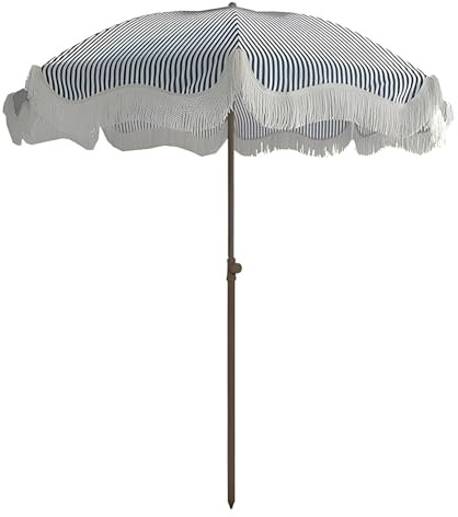 Générique 180 cm Parasol de Plage avec Mécanisme D'inclinaison, Parasol de Jardin Extérieur Hawaïen avec Franges, Parasol de Terrasse Rayé Bleu Portable Et Pliable