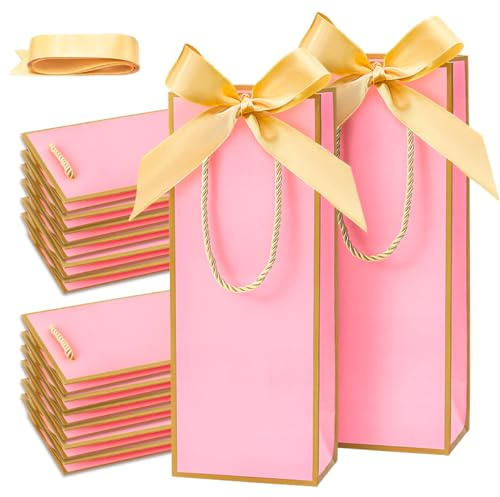15 PCS Wine Gift Bags with Bow Double Handle Kraft Paper Bags for Wine Bottles Elegant for wedding anniversary housewarming birthday thank you christmas party favors and special occasions(Pink)