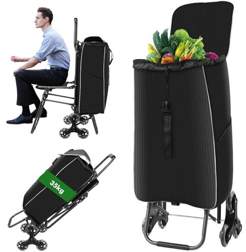 Einkaufstrolley Treppensteiger, Trolly Einkaufswagen Klappbar mit 3 Räder, Wasserdichter, 40L Schwarz (Oxford)