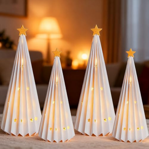 4 Stück Tischdeko Weihnachten, Weiß Papier Weihnachtsbaum Deko Papier Waben Papierbäume Weihnachtsdeko Innen Wiederverwendbar Christmas Deko