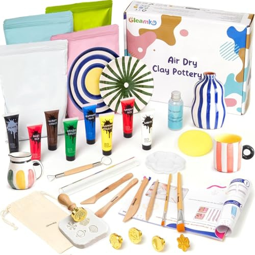 Gleamkid Lufttrocknendes Ton-Töpfer-Set für Anfänger, Töpferset für Zuhause mit Lufttrocknenden Ton, Acrylfarben, Stempeln und Werkzeugen, Kreative DIY Geschenke