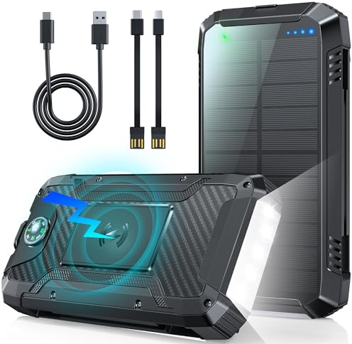 Power Bank 49800mAh, Solare Powerbank Ricarica Rapida 30W, Caricatore Portatile Wireless con 2 Cavi Integrati, 4 Porte, 4 Uscite, 12 LED Torcia, Batteria Portatile per Campeggio e Outdoor (Nero)