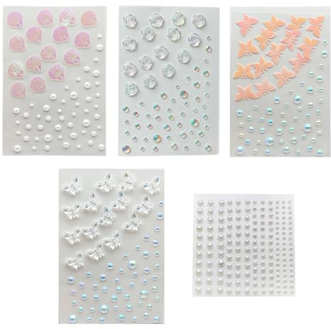 JYNXOR 5 Feuilles Perles à Coller Autocollantes - Strass et Perles Auto-Adhésives, Décoration DIY pour Maquillage, Ongles et Crafts