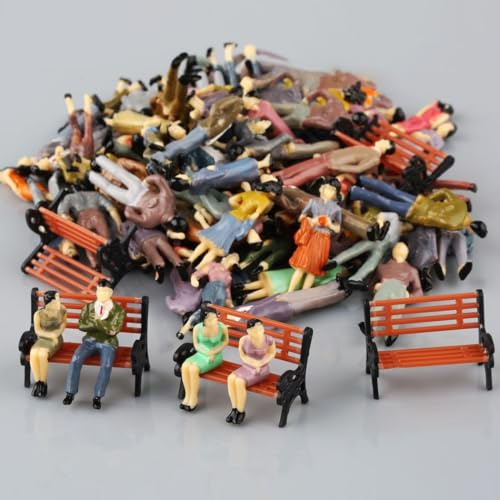 MoSundi 50 bemalte Modellfiguren mit 6 Bänken für 1:50 Maßstab Zug Eisenbahn Layout Szene Dekoration