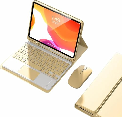 JDZWFO Funda con Teclado para iPad 9ª/8ª/7ª Gen 10,2/Air 3ª Gen/Pro 10,5, Contiene Ñ, Teclado Inalámbrico Magnético Desmontable, Funda Protectora Ultradelgada con Ratón Bluetooth,Amarillo