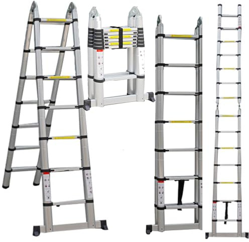 Telescopic Ladder 3.8m Multi Purpose with Stabiliser, 183cm+183cm, A Frame or Straight, Multi Purpose Combination Step Ladder, Extension Ladder EN131 Standards