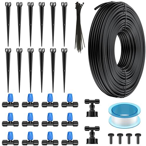 Pawfly Drip Irrigation Kit, 15 M Quick-Connect Drip Irrigation System with 0.64 CM Tubing Misting Nozzles & Accessories Plant Watering Devices for Greenhouse Lawn Patio Flower Bed