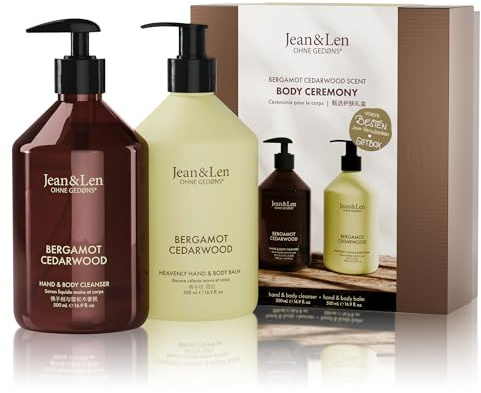 Jean & Len Body Ceremony Bergamot & Cedarwood, Hand & Body Cleanser och Balm, högkvalitativ presentförpackning, citrus-tart doft, FSC-certifierad förpackning, 2 × 500 ml
