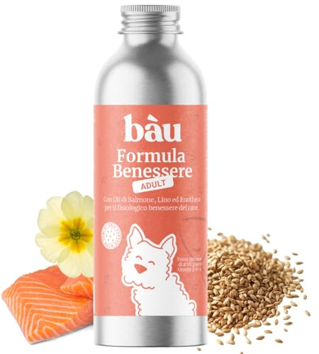 Bau Olio di Salmone per Cani Adulti con Semi di Lino ed Enotera – Omega 3 e 6 Naturali – Supporto per Pelle, Pelo Lucido e Vitalità – Integratore Liquido per Cani - Adulti