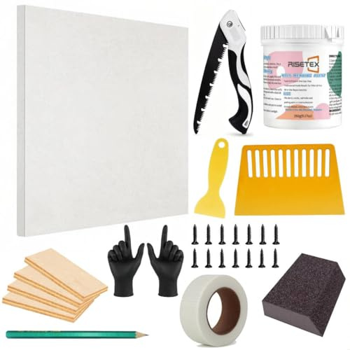 Wandreparatur Set für Löcher, Risse und Bohrlöcher – 28x28cm Gipskarton Reparatur-Set mit Holzleisten, Spachtelmasse Weiß, Spachtel, Schleifpapier & Flicken – Komplett für Wand & Decke