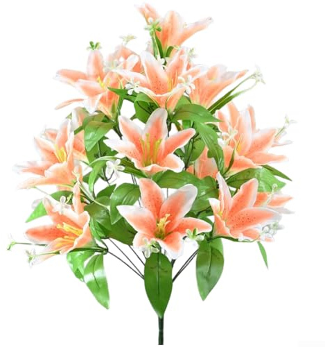 18 cabezas de lirio de seda artificial para decoración del hogar, boda, fiesta, fotografía, con tallos de alambre flexible y pétalos realistas (naranja-amarillo)