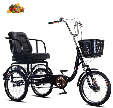 Vuxen trehjuling med bakkorg, lätt pendlarcykel för seniorer, bekväm sits för träning och shopping (svart 18 tum)