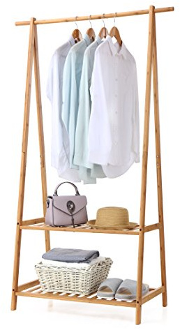 Finnhomy Bamboo Clothes Rack Portable Extra Large Garment Rack 2-Tire Storage Box Shelves For Entryway and Bed Room Patented Design