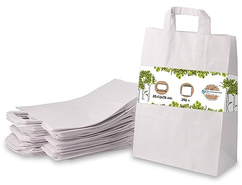 BIOZOYG 250x Papiertragetaschen 26 x 12 x 35 cm - weiße Papiertüten mit Henkel Einkaufstüten - Papiertaschen Geschenktüten Tragetaschen Kraftpapier