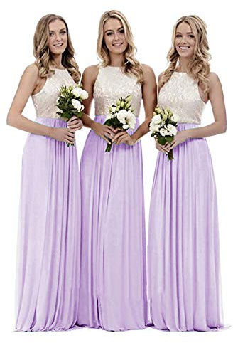 WTW Women's Long Chiffon Lace Party Ball Prom Bridesmaid Dress-Lilac-14