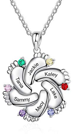 Jewelora personalizado 1/2/3/4/5/6 nombres collar de madre collar de pies de bebé colgante de mujer con piedras natales simuladas 925 joyería de plata regalo para la familia esposa (6 pies de bebé)
