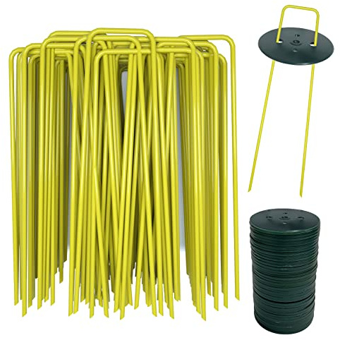 AGAKY Grapas para Jardín, 40 Piquetas Cesped Artificial Amarillo y 40 Arandelas, Grapas Cesped en Forma de U, Pare Membrana de Control de Malezas, Estera, Valla, Mallas, Tela, 150 mm / 25 mm，Ø 2,8 mm