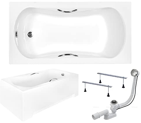 BADLAND Badewanne Original Weiß Acryl Wanne Rechteck ARIA PLUS 140x70 KOMPLETTSET SET mit Weiß Acrylschürze + Füßen und Exklusive Chrom Automatik Ablaufgarnitur Made in EU 4in1