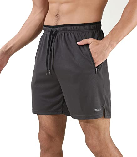Suwangi löparshorts för män andningsbara träningsshorts med ultralätt design gymträningsshorts med blixtlåsfickor, Grå, S