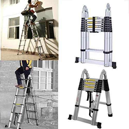 2,5m+2,5m Teleskopleiter Klappleiter Aluminium Leiter, Ausziehbar Ausziehleiter Anlegeleiter mit 8+8 Sprossen, Mehrzweckleiter Loftleiter 150KG Tragkraft, EN131