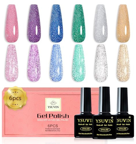 YSUVIN UV Nagellack Reflektierender, 6 Stück Reflektierender Glitzer Gel Nagellack Set Glänzender Funkelnder Silber Gold Blau Rosa Grün Diamant Gellack für Frauen Home Nail Art Maniküre, 8ml