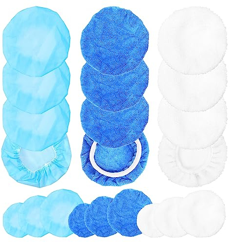 Swpeet Juego de 12 almohadillas pulidoras de 3 materiales de 7 a 8 pulgadas, 4 piezas de microfibra de forro polar coral, lana no tejida, capó de microfibra suave, kit de cubiertas de cera