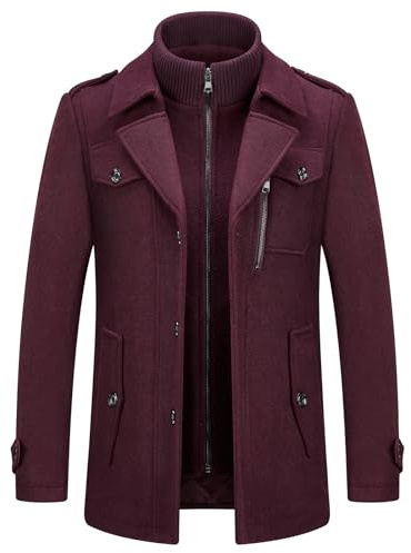 Kudoro - Abrigo de lana para hombre, color cálido, para invierno, gabardina, clásica, parka, abrigo, ajustado, negocios, Duffle-Coats Coup-Vent y solapa, granate, S