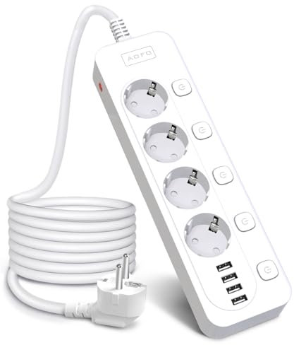 Steckdosenleiste Einzeln Schaltbar,4 Fach Mehrfachsteckdose Wandmontage 4 USB,AOFO überspannungsschutz(4000W 16A),Verteilersteckdose mit Kindersicherung für Zuhause, Büro,2M Kabel