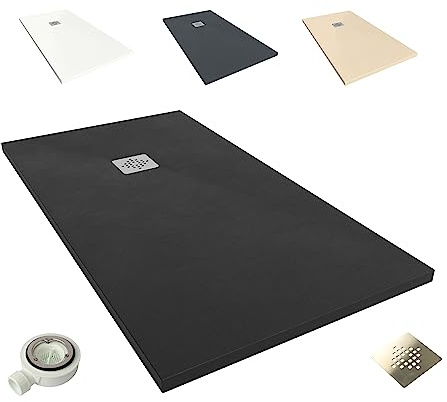 NEBADOON Plato de Ducha Resina Roma II Antideslizante 70x70 Negro | Antibacteriano, textura pizarra, válvula 60 l/min incluida, corte a medida, fabricado en España, garantía 3 años