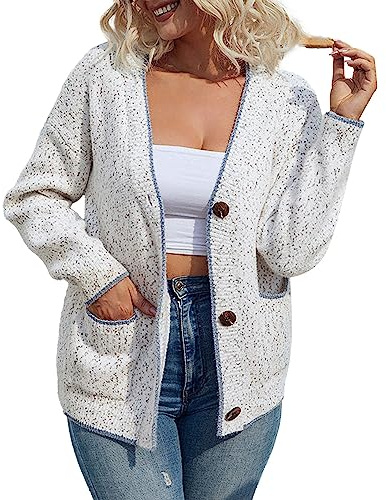 L9WEI Chaquetas de punto para mujer, elegante chaqueta de punto con V con bolsillos y botones, manga larga, cálido cardigan abierto por delante, casual, tallas grandes, chaqueta de otoño, Blanco, M