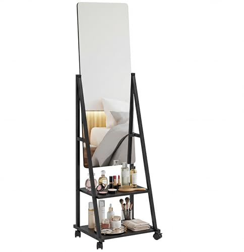 HOMCOM Specchio autoportante a figura intera, specchio a corpo intero con angolo regolabile, 2 ripiani portaoggetti e 4 ruote per camera da letto, soggiorno, corridoio, nero