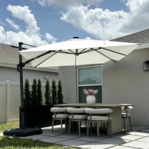 PURPLE LEAF Ampelschirm 300 × 300 cm mit LED Alu Neigbar Kippbar, Weiß | Solar-LED-Ambiente, 5 Neigungswinkel, 360° Flexibilität, Alu-Handgriff, 240g/㎡ Polyester, Rostfreier Alurahmen, Schirm Robust