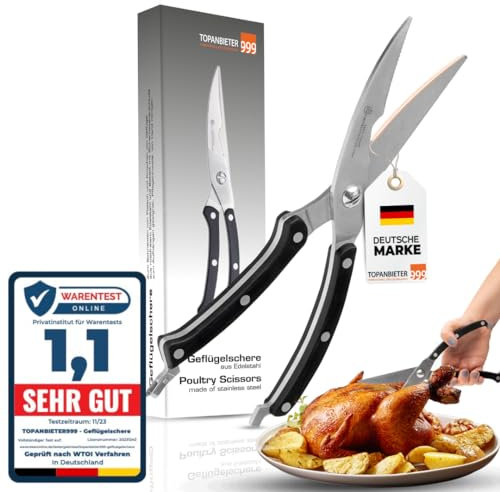 TOPANBIETER 999 Küchenschere – Extra scharfe Schere für Küche, Pizza, Geflügel & mehr – Ergonomisch, langlebig & vielseitig einsetzbar (Geflügelschere silber)