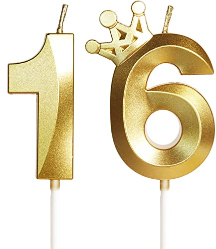 Geburtstagskerzen Zahlen mit Krone 16, 5cm 3D Gold Geburtstagskerzen, Geburtstag Kerzen,Kerzen Geburtstag,Tortenaufsätze Kuchen Topper Dekoration Hochzeit Geburtstag Jubiläum Feier Lieferungen(16）