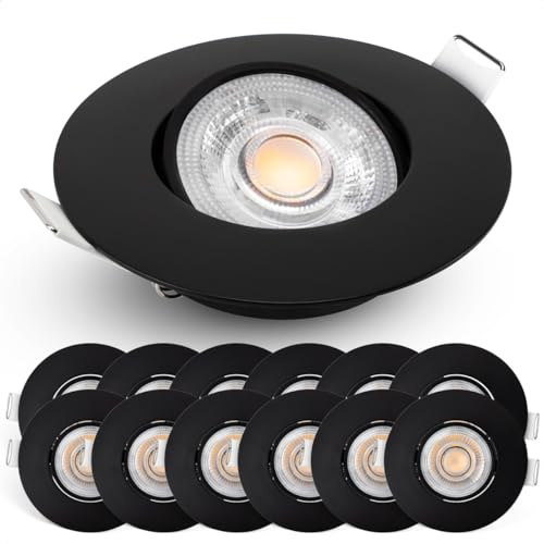 EMOS Focos LED Interior Techo regulable 4,9W, 480lm | Ojos de Buey LED para Techo blanca cálida 2700k | Juego de 12 focos LED para uso interior, ultraplanos redondos 50° pivotante, color negro